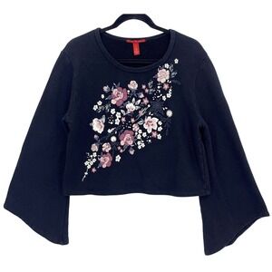Black Floral Bell Sleeve Cropped French Terry Sweatshirt L Embroidered Beaded